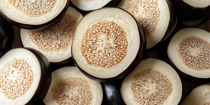 Close-Up of Sliced Eggplant with Pale Texture and Seed Patterns on a Seamless Background for Cooking
