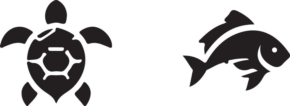 Sea Turtle and Fish Silhouette Logo Set &ndash; Marine Wildlife Animal Vector Icons.