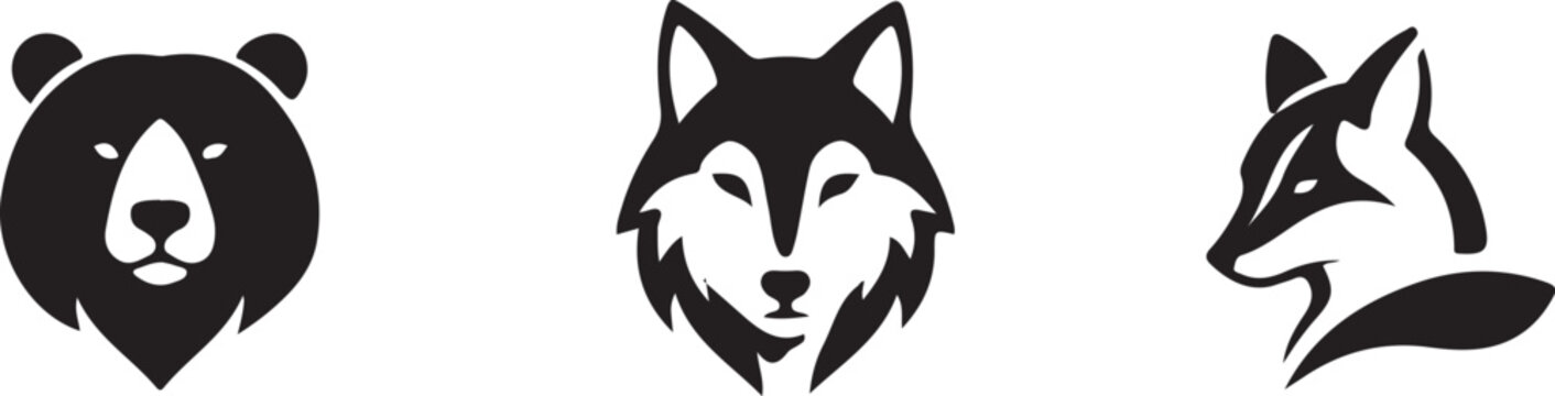 Bear, Wolf and Fox Silhouette Logo Set &ndash; Wild Animal Head Vector Icons.