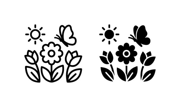 Spring Garden Icons, Floral Elements, Butterfly, Sun, Vector Graphics