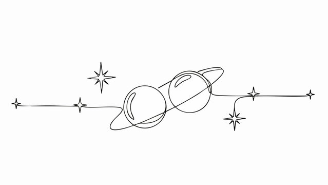 Minimalist continuous line art of celestial planets and sparkling stars.