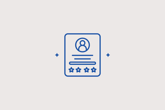 Square user profile card template with rating stars line icon for professional recruitment platform, freelancer digital portfolio. Clean vector illustration for resume account.