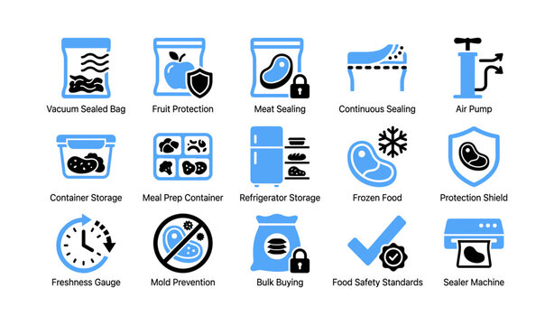 Food storage icons showing vacuum sealing and preservation