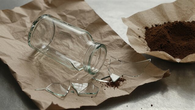 Broken glass jar spills coffee grounds on brown paper, symbolizing loss or destruction.