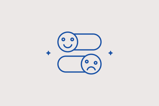 Dual toggle choice switch buttons with happy sad emoji line icon for survey quiz form, interface preferences settings. clear vector illustration for feedback options.