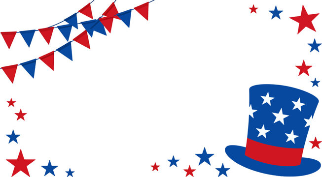 Fourth of july festive frame with american bunting flags and uncle sam hat isolated on transparent background vector art.