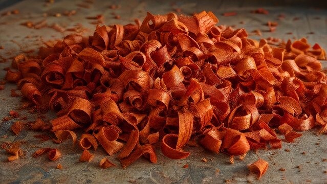 Curly, orange-red wood shavings from padauk piled on a workshop floor.