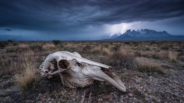 Guanaco skull in foreground with stormy mountains and light beam in background