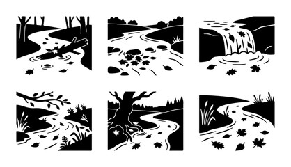 Obraz premium River Scenes Vector Pack: Flowing Water, Nature Elements, Autumn Leaves