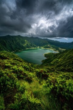 Volcanic caldera lake surrounded by lush greenery in the Azores