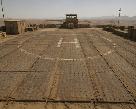 Desert FOB Landing Pad Made From Perforated Steel PSP Matting For Remote Aviation Operations Readiness