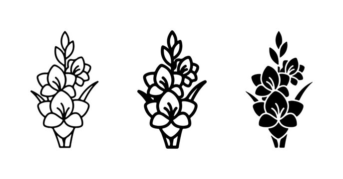 Freesia Flower Icons Set, Delicate Floral Vector Graphics, Botanical Line Art