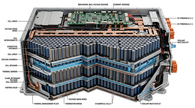 Advanced EV Battery Pack Cross Section Engineering Diagram with Layered Cell Architecture and Integrated BMS