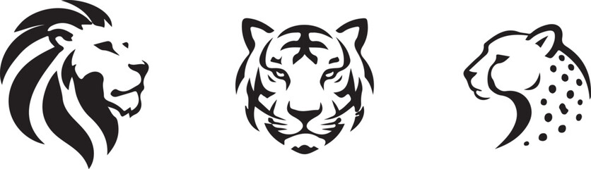 Wild Cat and Lion Silhouette Logo Set – Lion, Tiger and Cheetah Head Vector Icons. © tjxvact