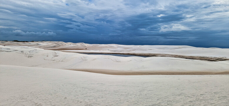 Dunes and lagoons of lagoa bonita, Lencois Maranhenses, Barreirinhas, Brazil. White sand dunes with pools of fresh water