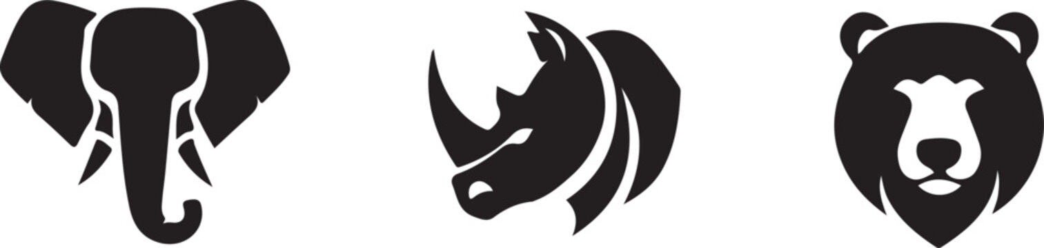 Wild Animal Silhouette Logo Set &ndash; Elephant, Rhinoceros and Bear Head Vector Icons.