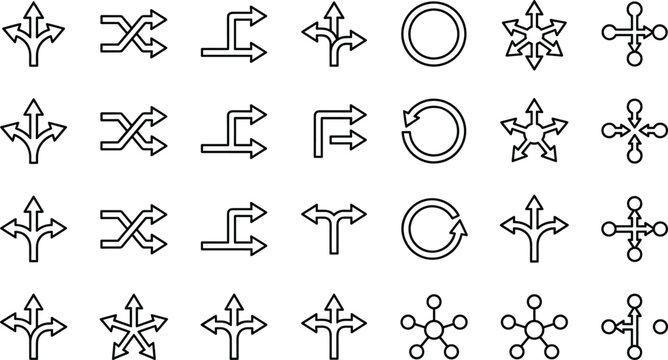 Business flowchart and data routing line icon set featuring splitting branching shuffling multi directional arrows and node network symbols vector illustration