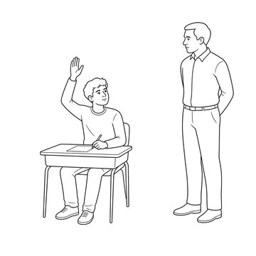 Student raising hand to ask proctor a question in classroom  