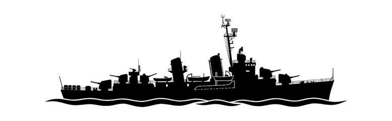 Obraz premium Black silhouette of a military navy warship destroyer on ocean waves isolated on transparent background, Vector
