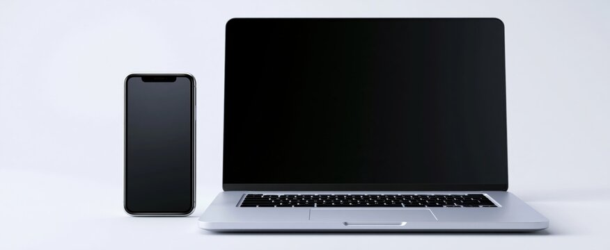 A savvy mobile phone and laptop duo shine like stars on a subtle white canvas 