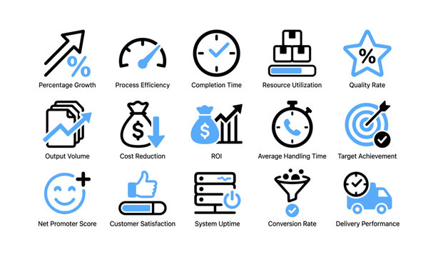 Business metrics and kpi icons displayed in grid on white background