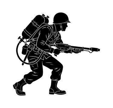Black silhouette of a soldier wearing a helmet and carrying a flamethrower equipment in a crouching combat position isolated on transparent background, Vector