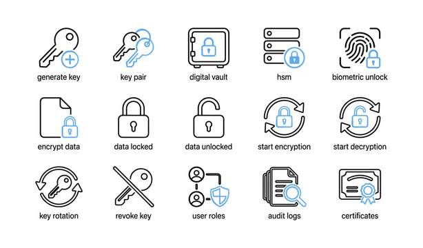 Encryption and key management icons showing security on white