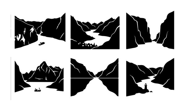 Vector Landscape Silhouettes: Fjords, Mountains, Rivers, Serene Nature Scenes