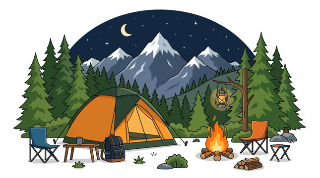 Cozy mountain campsite under a starry night sky with moon and fire