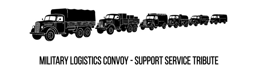 Obraz premium Military logistics convoy of vintage army trucks driving in a line representing support service and supply transport tribute isolated on transparent background, Vector