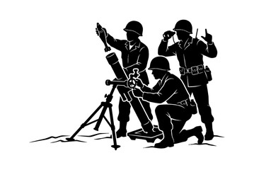 Obraz premium Silhouette of three soldiers operating a mortar weapon system in a military combat training scenario isolated on transparent background, Vector