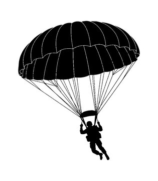 Black silhouette of a skydiver with an open parachute descending in the air isolated on transparent background, Vector