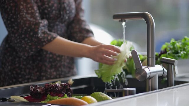 Hands preparing vegetables in kitchen sink