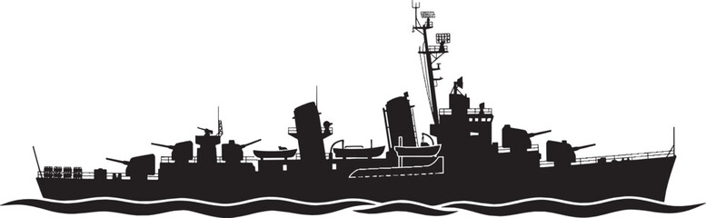 Obraz premium Black silhouette of a military navy warship destroyer on ocean waves isolated on transparent background, Vector