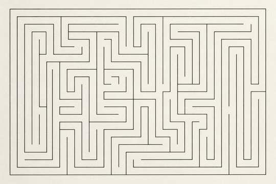 Complex rectangular maze pattern with thin black lines on a cream background, for puzzle solving, and logical thinking, challenges and