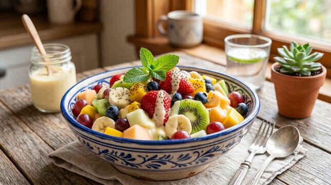 salad buah dengan topping mayonaise, isian buahnya ada anggur, kiwi, berry, pisang strawberry dan mangga