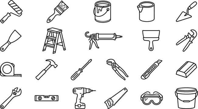 Home renovation and construction hand tools line icon set featuring paint roller brush ladder hammer drill and safety equipment vector illustration