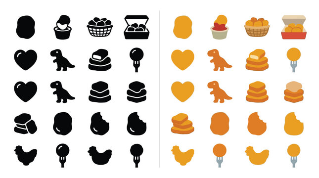 Set of cartoon icons representing food items and shapes, including chicken nuggets, pancakes, ice cream, and dinosaurs, shown in both silhouette and colored versions.