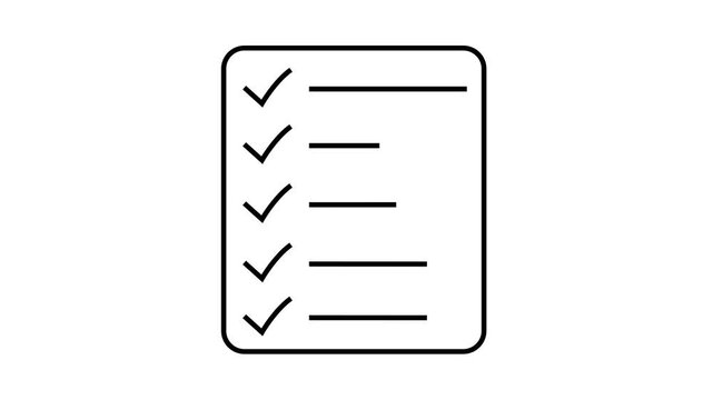 A simple line drawing depicts a checklist with five check marks indicating completed tasks. document clipboard icon- 4k black background icon animation