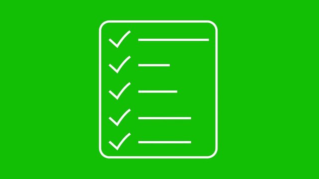 A simple line drawing depicts a checklist with five check marks indicating completed tasks. document clipboard icon- 4k GREEN background icon animation