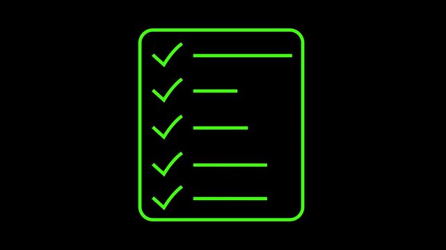 A simple line drawing depicts a checklist with five check marks indicating completed tasks. document clipboard icon- 4k black background icon animation