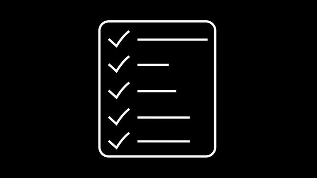 A simple line drawing depicts a checklist with five check marks indicating completed tasks. document clipboard icon- 4k black background icon animation