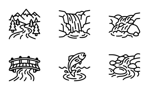River Landscape Icons, Nature Scenes, Waterfalls, Bridge, Jumping Fish
