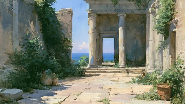 緑に包まれた古代遺跡と海の眺望 水彩風イラスト 背景素材
