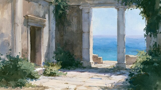 海を望む石柱回廊の古代遺跡 水彩風イラスト 背景素材