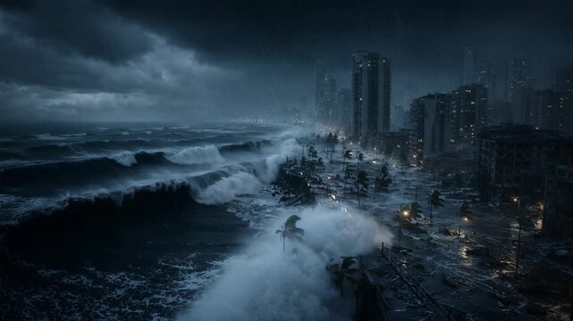 Powerful tsunami crashing into coastal city at night. Massive storm tide flooding urban waterfront during hurricane. Natural disaster and climate change crisis impact.