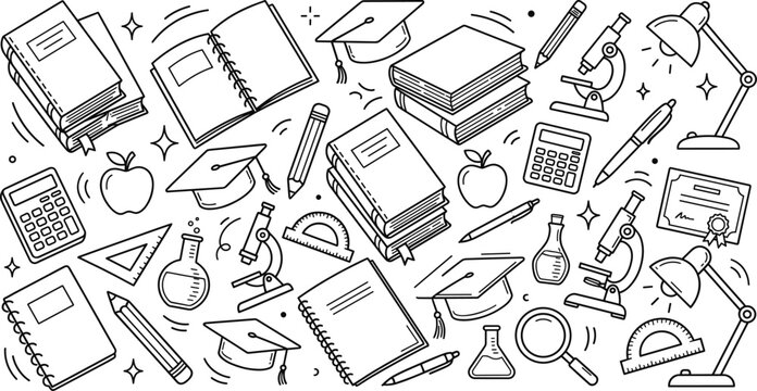 Hand drawn school supplies doodle background featuring books graduation cap microscope calculator pencil and science laboratory equipment vector illustration