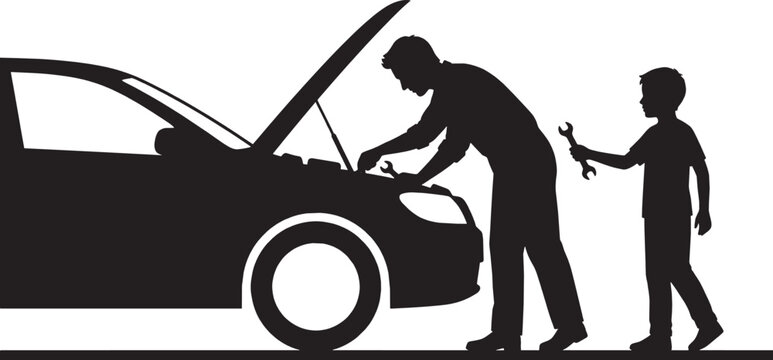 Silhouette of a father and son repairing a car engine together isolated on transparent background, Vector