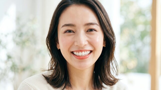 Close-up portrait of a beautiful smiling Japanese woman with healthy glowing skin and clean white teeth looking at the camera in a bright modern home, concept of beauty, health and wellness.