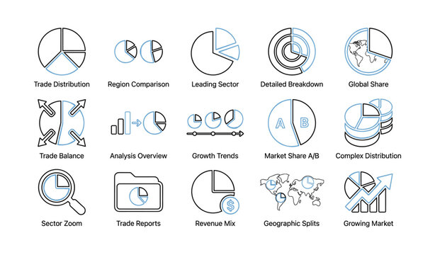 Trade and distribution icons showing pie charts and analysis